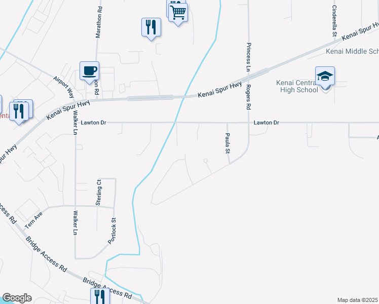 map of restaurants, bars, coffee shops, grocery stores, and more near 212 Susieana Lane in Kenai