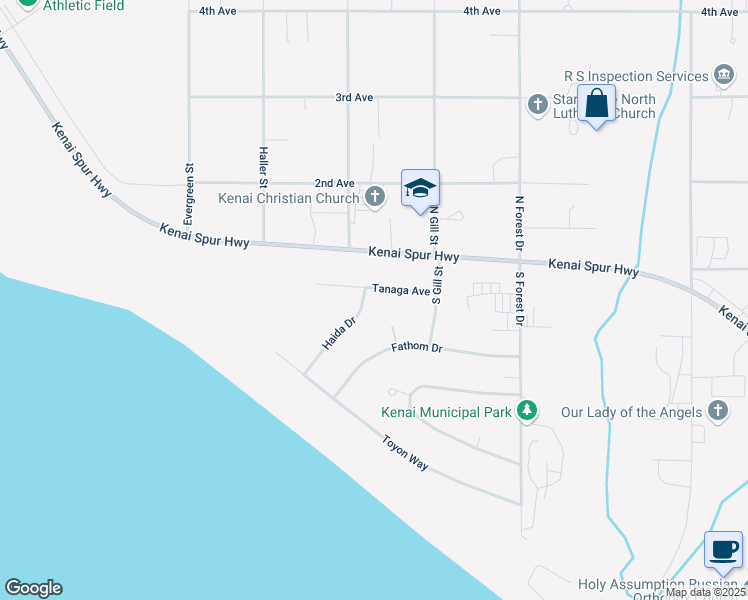 map of restaurants, bars, coffee shops, grocery stores, and more near 1609 Tanaga Avenue in Kenai