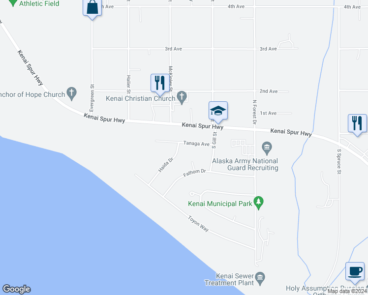 map of restaurants, bars, coffee shops, grocery stores, and more near 1609 Tanaga Avenue in Kenai