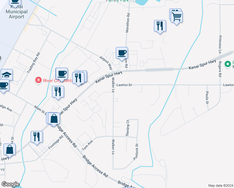 map of restaurants, bars, coffee shops, grocery stores, and more near 105 Walker Lane in Kenai