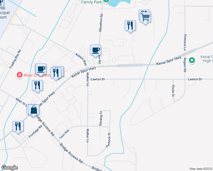map of restaurants, bars, coffee shops, grocery stores, and more near 111 Walker Lane in Kenai