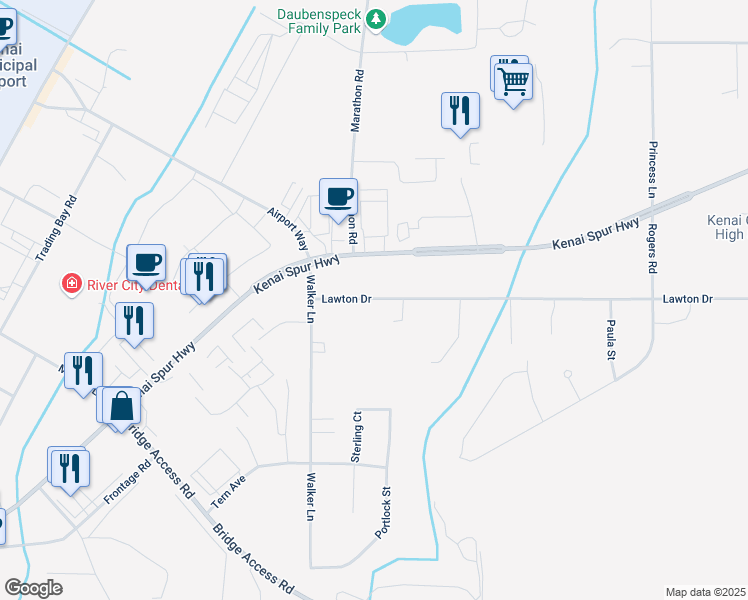 map of restaurants, bars, coffee shops, grocery stores, and more near 111 Walker Lane in Kenai