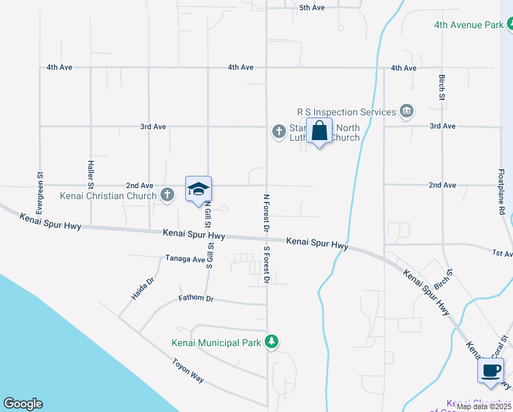 map of restaurants, bars, coffee shops, grocery stores, and more near 107 North Forest Drive in Kenai