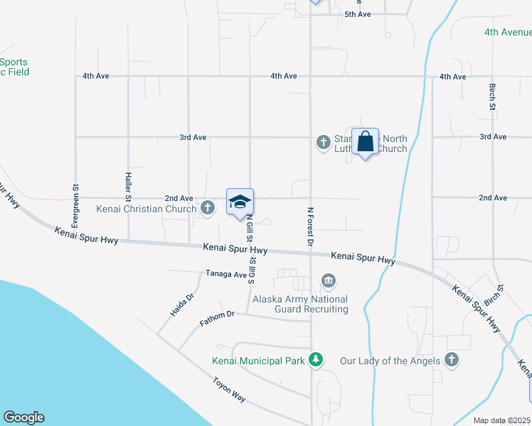 map of restaurants, bars, coffee shops, grocery stores, and more near 104 North Gill Street in Kenai