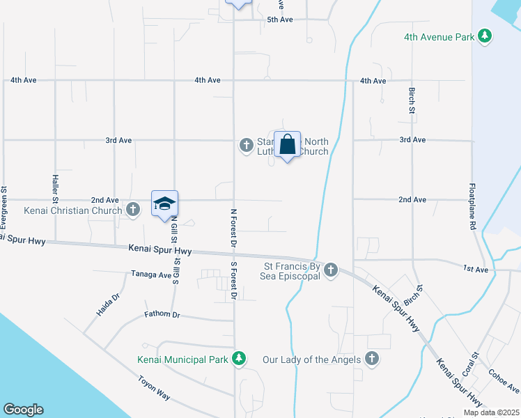 map of restaurants, bars, coffee shops, grocery stores, and more near 105 North Forest Drive in Kenai
