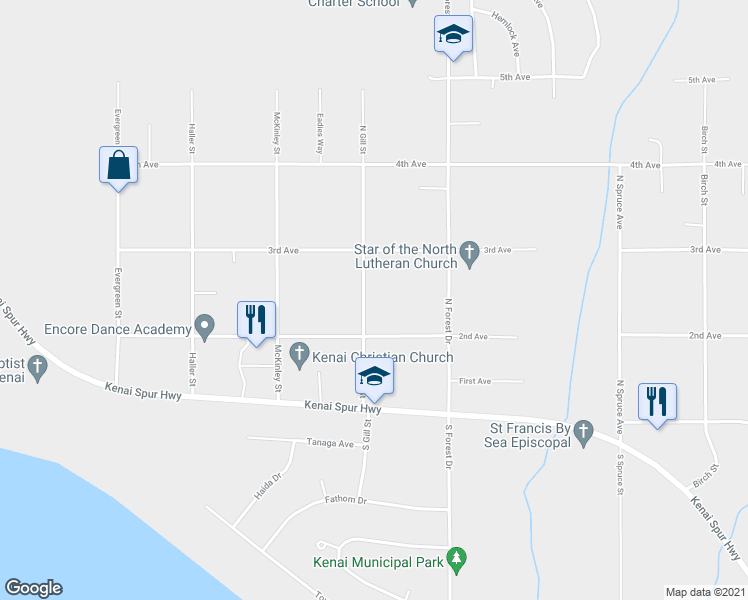 map of restaurants, bars, coffee shops, grocery stores, and more near 206 North Gill Street in Kenai