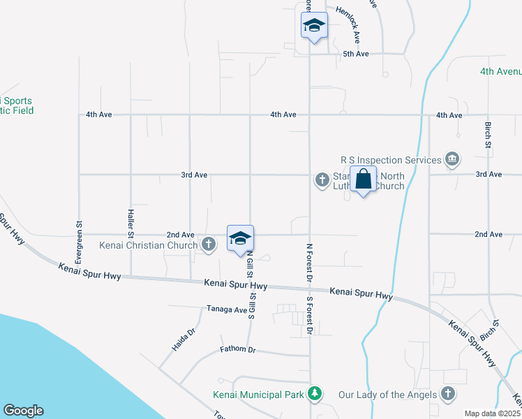 map of restaurants, bars, coffee shops, grocery stores, and more near 206 North Gill Street in Kenai