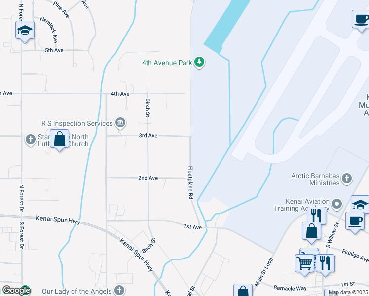 map of restaurants, bars, coffee shops, grocery stores, and more near 209 Floatplane Road in Kenai