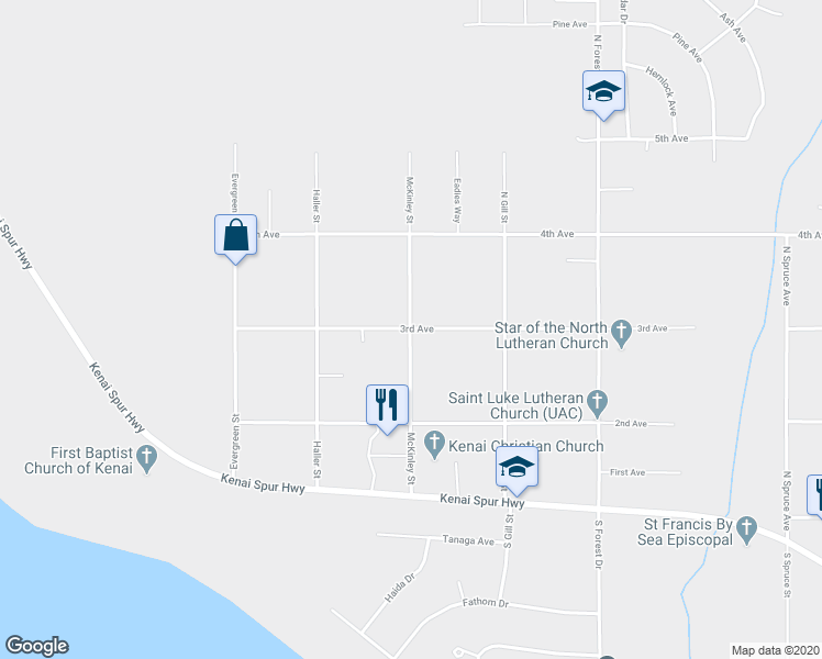 map of restaurants, bars, coffee shops, grocery stores, and more near 298 McKinley Street in Kenai