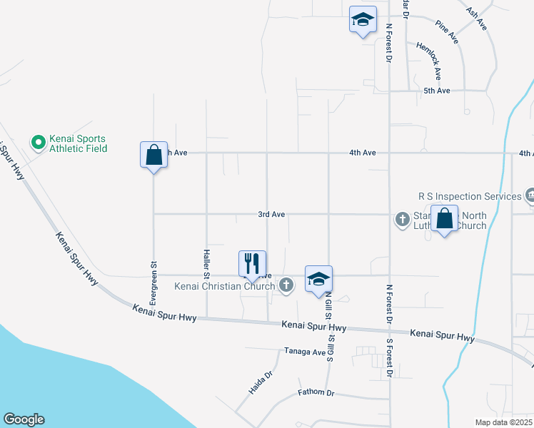map of restaurants, bars, coffee shops, grocery stores, and more near McKinley Street in Kenai