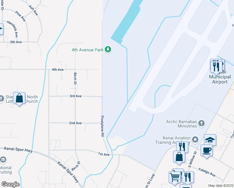 map of restaurants, bars, coffee shops, grocery stores, and more near 209 Floatplane Road in Kenai