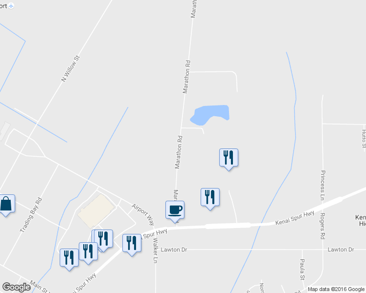 map of restaurants, bars, coffee shops, grocery stores, and more near 281 Marathon Road in Kenai
