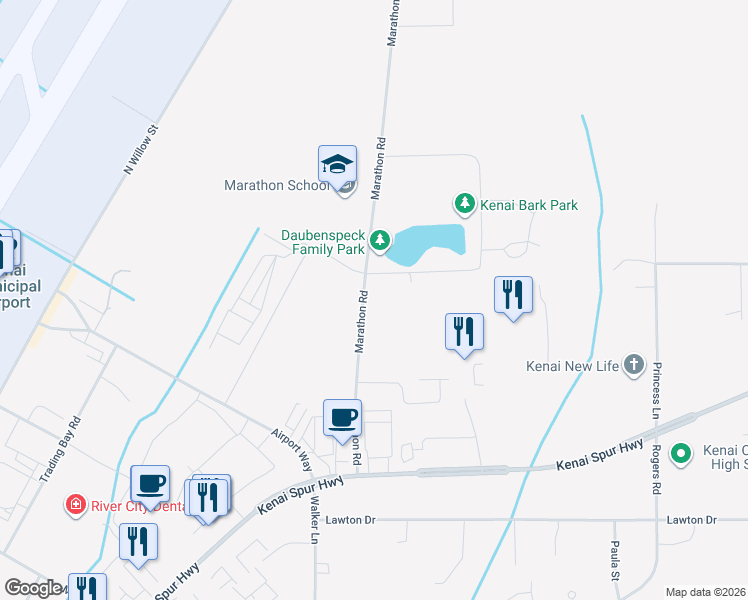 map of restaurants, bars, coffee shops, grocery stores, and more near 281 Marathon Road in Kenai