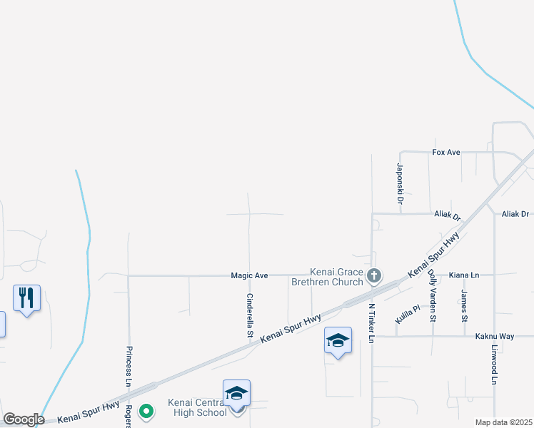 map of restaurants, bars, coffee shops, grocery stores, and more near 708 Aliak Drive in Kenai