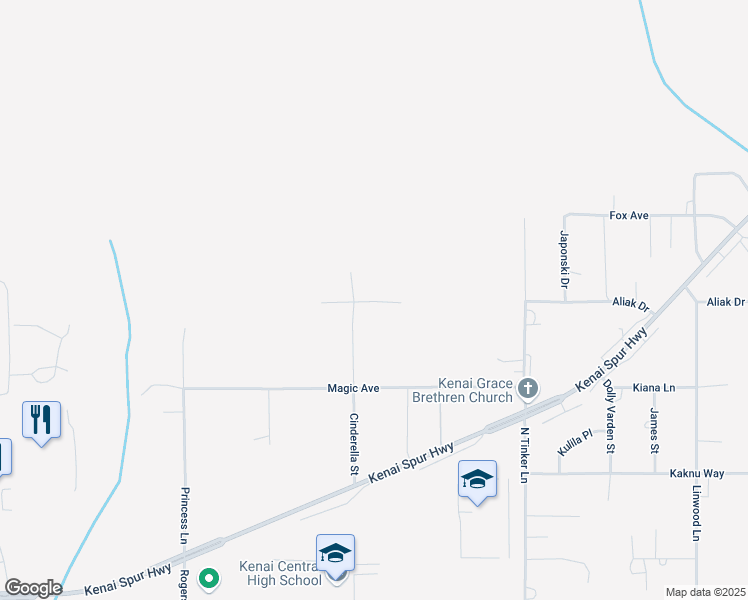 map of restaurants, bars, coffee shops, grocery stores, and more near 708 Aliak Drive in Kenai