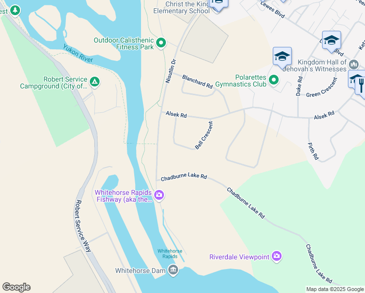 map of restaurants, bars, coffee shops, grocery stores, and more near 21 Bell Crescent in Whitehorse