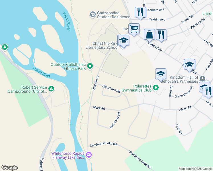 map of restaurants, bars, coffee shops, grocery stores, and more near 8 Blanchard Road in Whitehorse