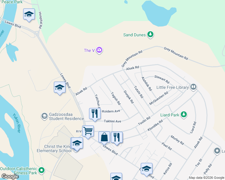 map of restaurants, bars, coffee shops, grocery stores, and more near 12 Tagish Road in Whitehorse