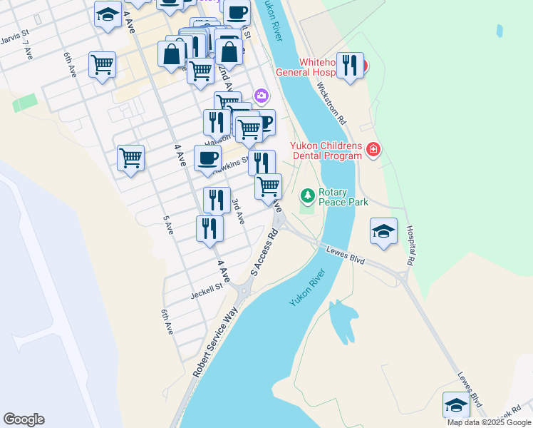 map of restaurants, bars, coffee shops, grocery stores, and more near 203 Lowe Street in Whitehorse