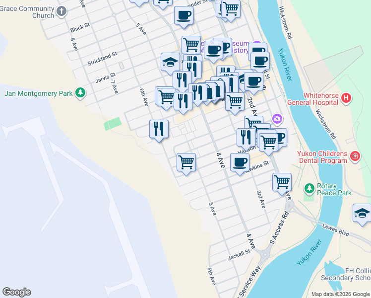 map of restaurants, bars, coffee shops, grocery stores, and more near 5081-5089 5 Avenue in Whitehorse