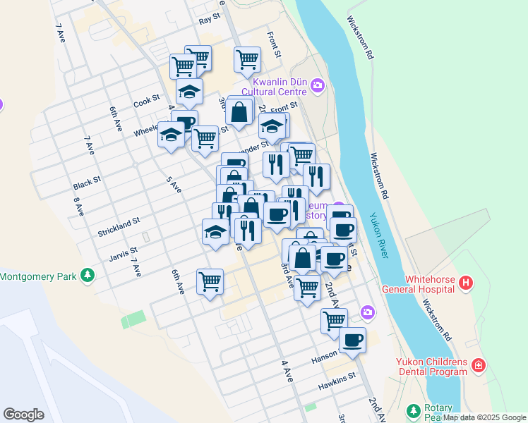 map of restaurants, bars, coffee shops, grocery stores, and more near 3139 3rd Avenue in Whitehorse