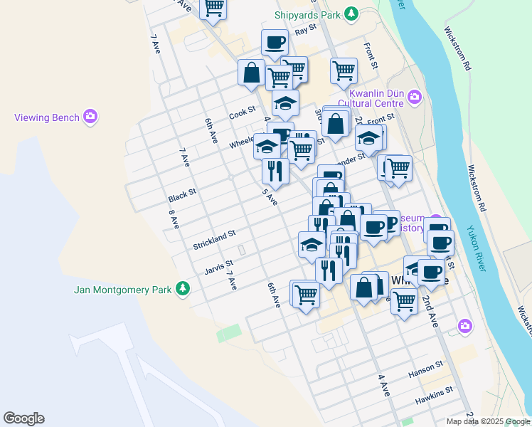 map of restaurants, bars, coffee shops, grocery stores, and more near 506 Strickland Street in Whitehorse