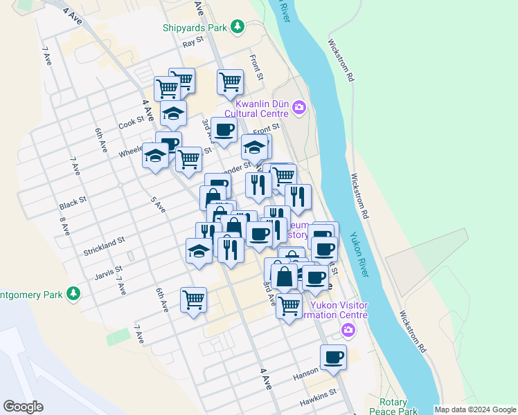 map of restaurants, bars, coffee shops, grocery stores, and more near 3139 3rd Avenue in Whitehorse