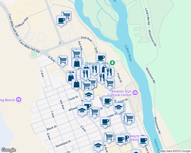 map of restaurants, bars, coffee shops, grocery stores, and more near 210 Ogilvie Street in Whitehorse