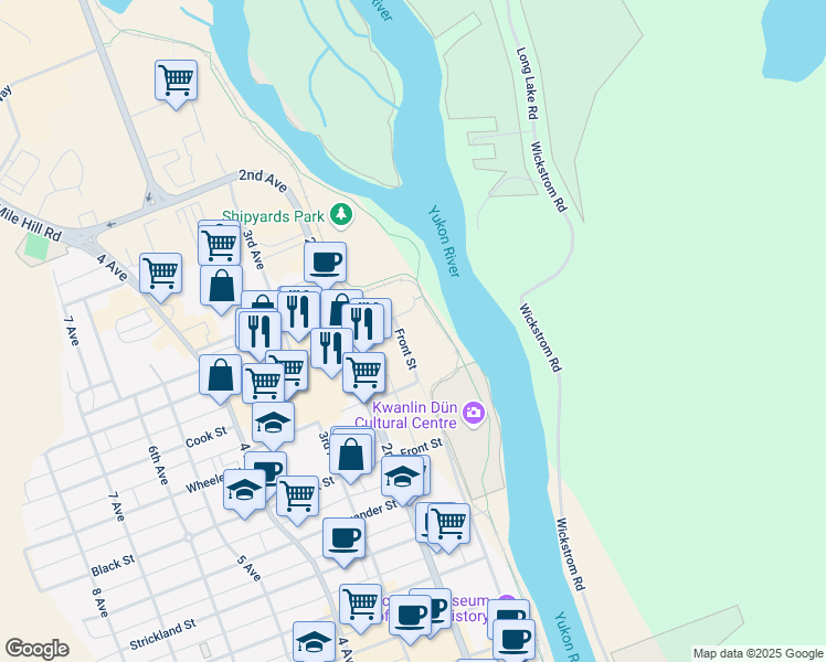 map of restaurants, bars, coffee shops, grocery stores, and more near 1191 Front Street in Whitehorse