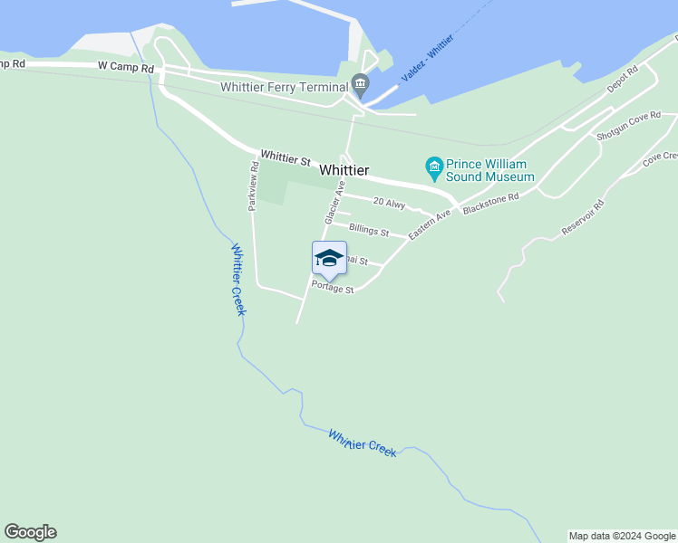 map of restaurants, bars, coffee shops, grocery stores, and more near Kenai Street in Whittier
