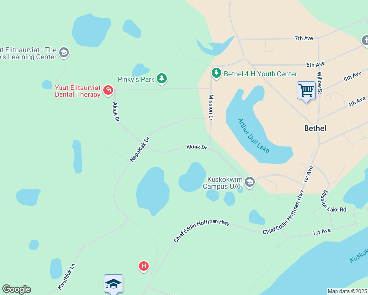 map of restaurants, bars, coffee shops, grocery stores, and more near 220-240 Akiak Dr in Bethel