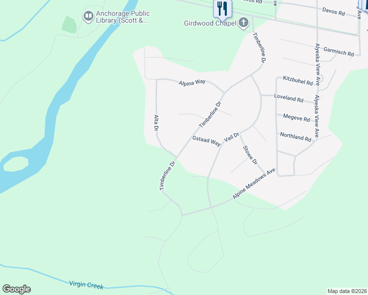 map of restaurants, bars, coffee shops, grocery stores, and more near 545 Timberline Drive in Anchorage