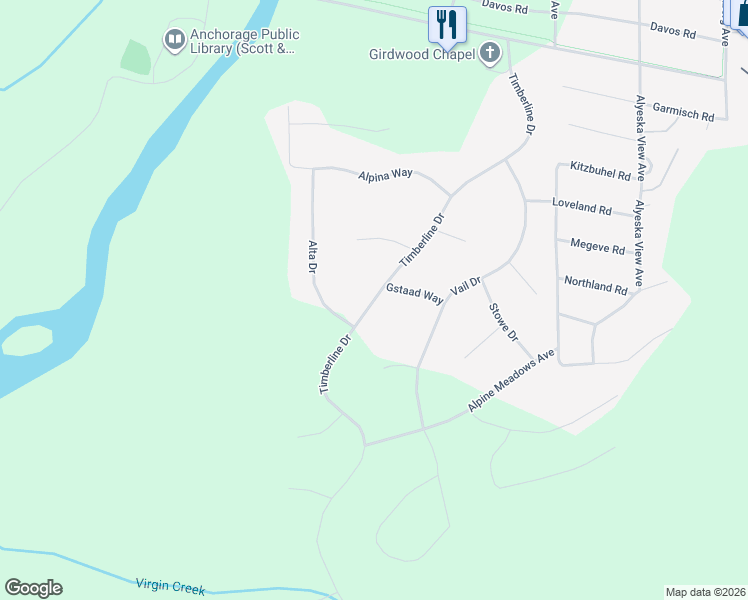 map of restaurants, bars, coffee shops, grocery stores, and more near Timberline Drive in Anchorage