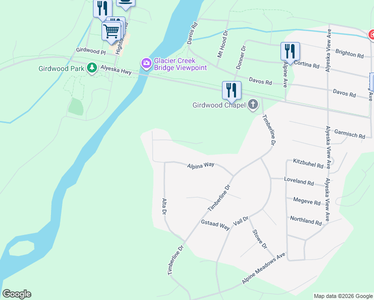 map of restaurants, bars, coffee shops, grocery stores, and more near 268 Alpina Way in Anchorage