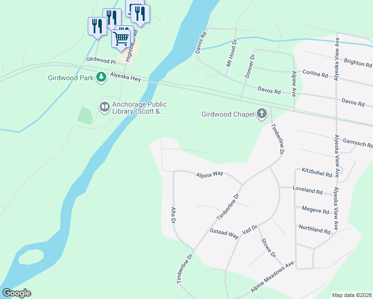 map of restaurants, bars, coffee shops, grocery stores, and more near Tanner Circle in Anchorage