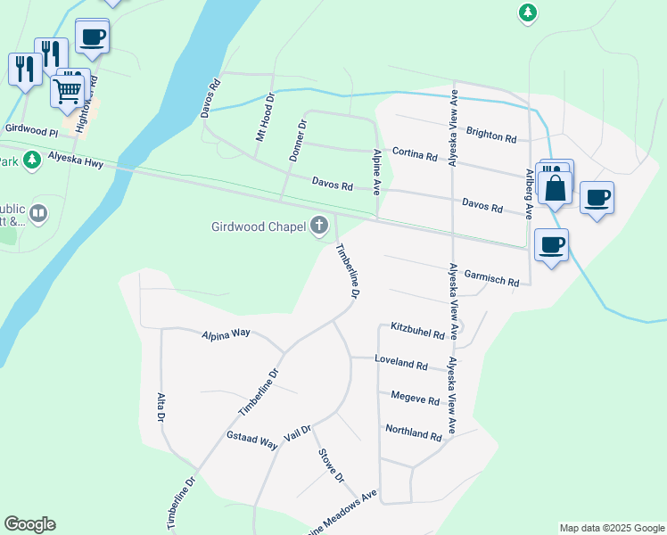 map of restaurants, bars, coffee shops, grocery stores, and more near 115 Timberline Drive in Anchorage