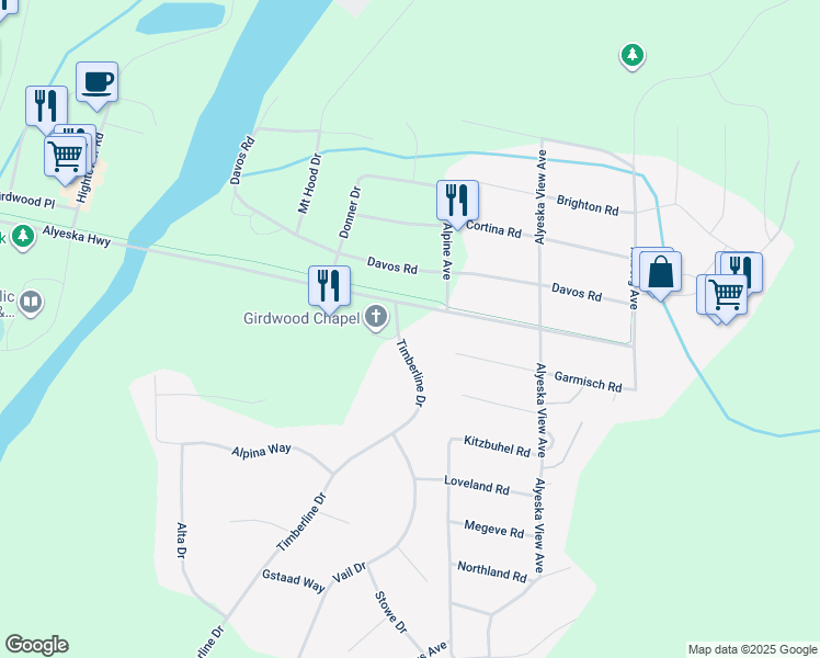 map of restaurants, bars, coffee shops, grocery stores, and more near 115 Timberline Drive in Anchorage