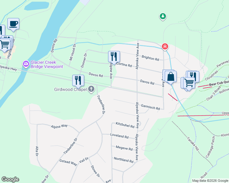 map of restaurants, bars, coffee shops, grocery stores, and more near 2864 Alyeska Highway in Anchorage