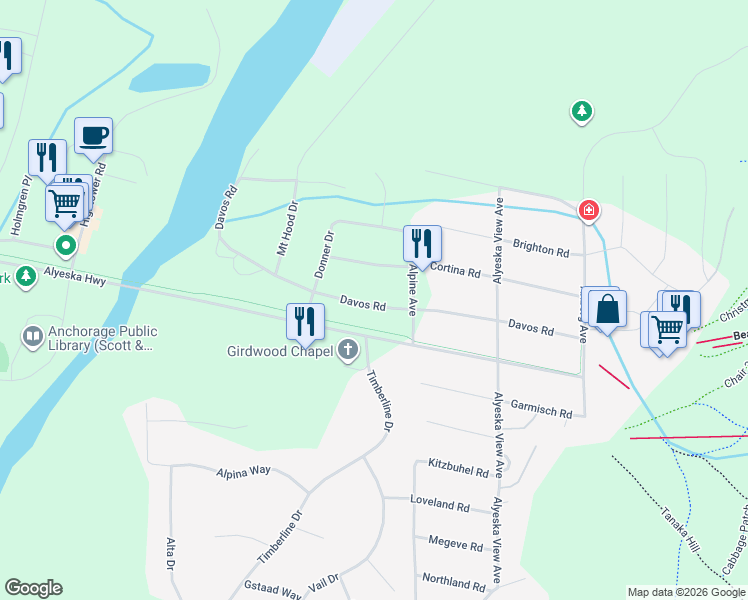 map of restaurants, bars, coffee shops, grocery stores, and more near 342 Davos Road in Anchorage