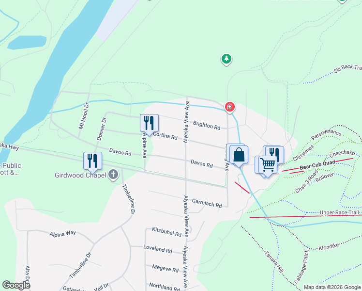 map of restaurants, bars, coffee shops, grocery stores, and more near 230 Davis Street in Anchorage