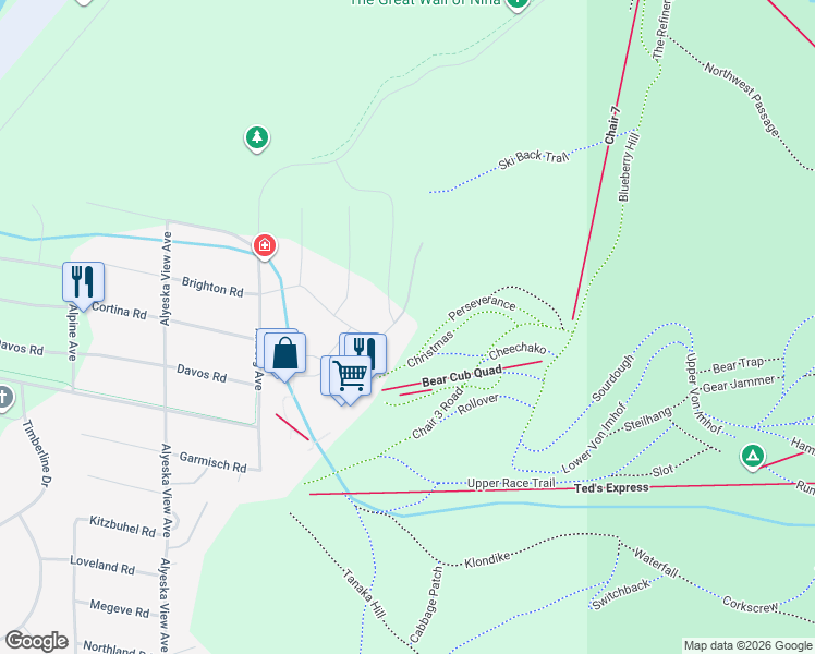 map of restaurants, bars, coffee shops, grocery stores, and more near 426 Crystal Mountain Road in Anchorage