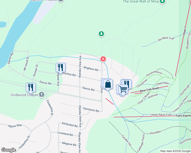 map of restaurants, bars, coffee shops, grocery stores, and more near 124 Cortina Road in Anchorage