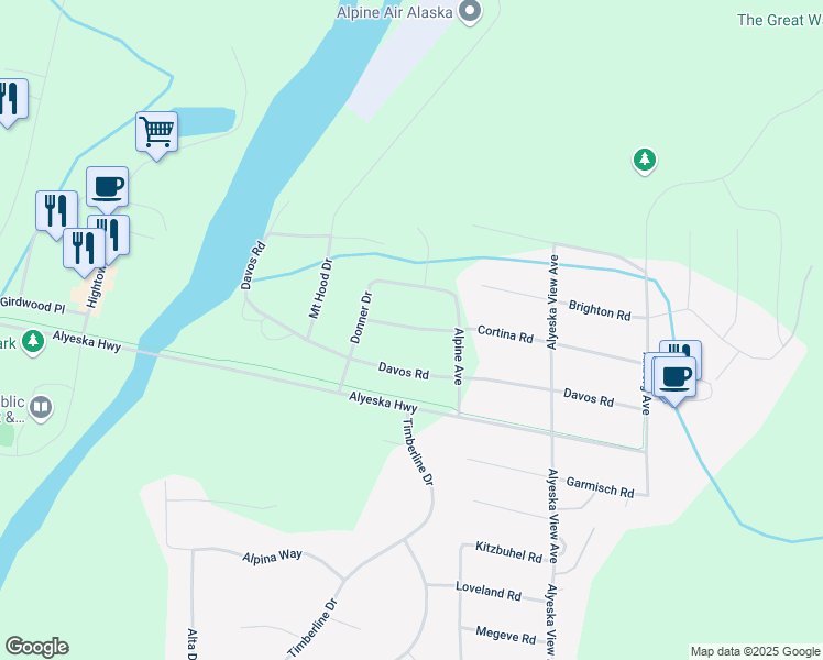 map of restaurants, bars, coffee shops, grocery stores, and more near 342 Davos Road in Anchorage
