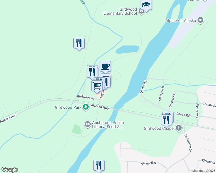 map of restaurants, bars, coffee shops, grocery stores, and more near 174 Hightower Road in Anchorage