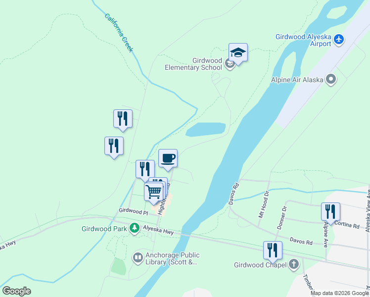 map of restaurants, bars, coffee shops, grocery stores, and more near 330 Hightower Road in Anchorage