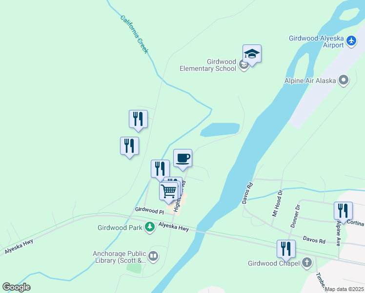 map of restaurants, bars, coffee shops, grocery stores, and more near 353 Hightower Road in Anchorage
