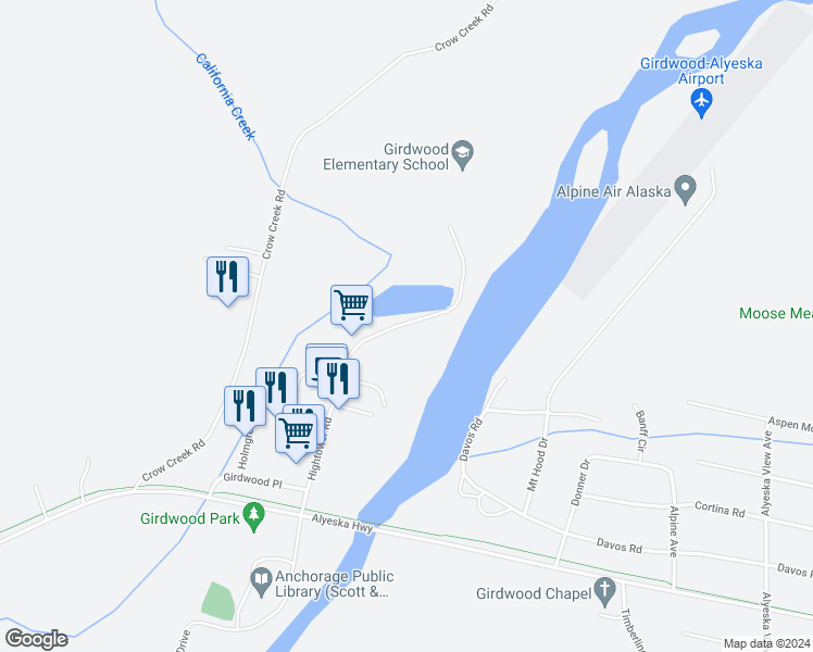 map of restaurants, bars, coffee shops, grocery stores, and more near 353 Hightower Road in Anchorage