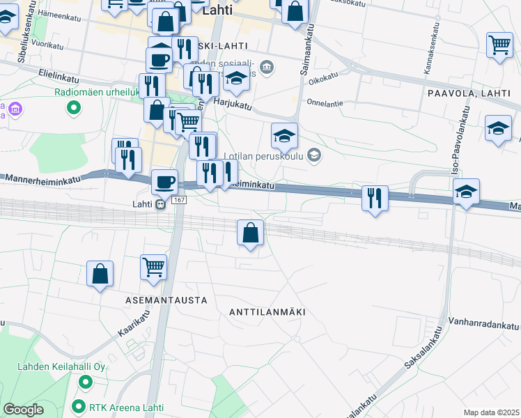 map of restaurants, bars, coffee shops, grocery stores, and more near in Lahti