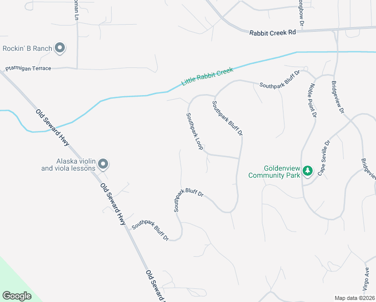 map of restaurants, bars, coffee shops, grocery stores, and more near 15720 Southpark Loop in Anchorage