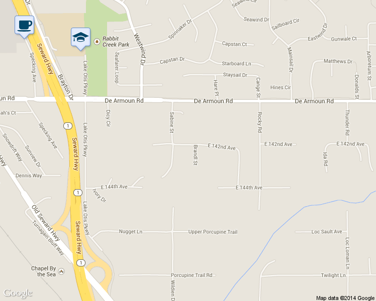 map of restaurants, bars, coffee shops, grocery stores, and more near 14250 Brandl Street in Anchorage